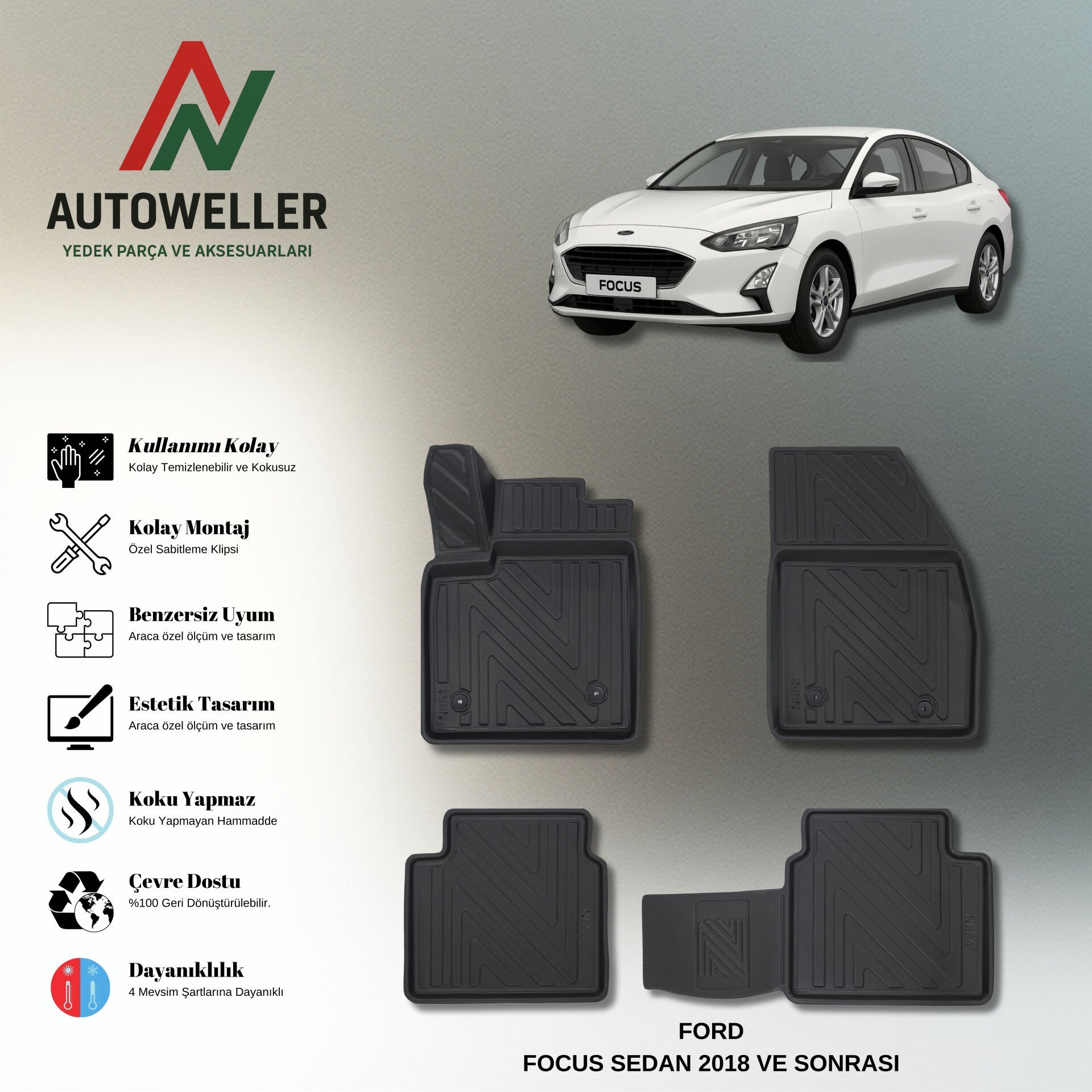 Ford Focus Sedan 2018 Sonrası Havuzlu Paspas
