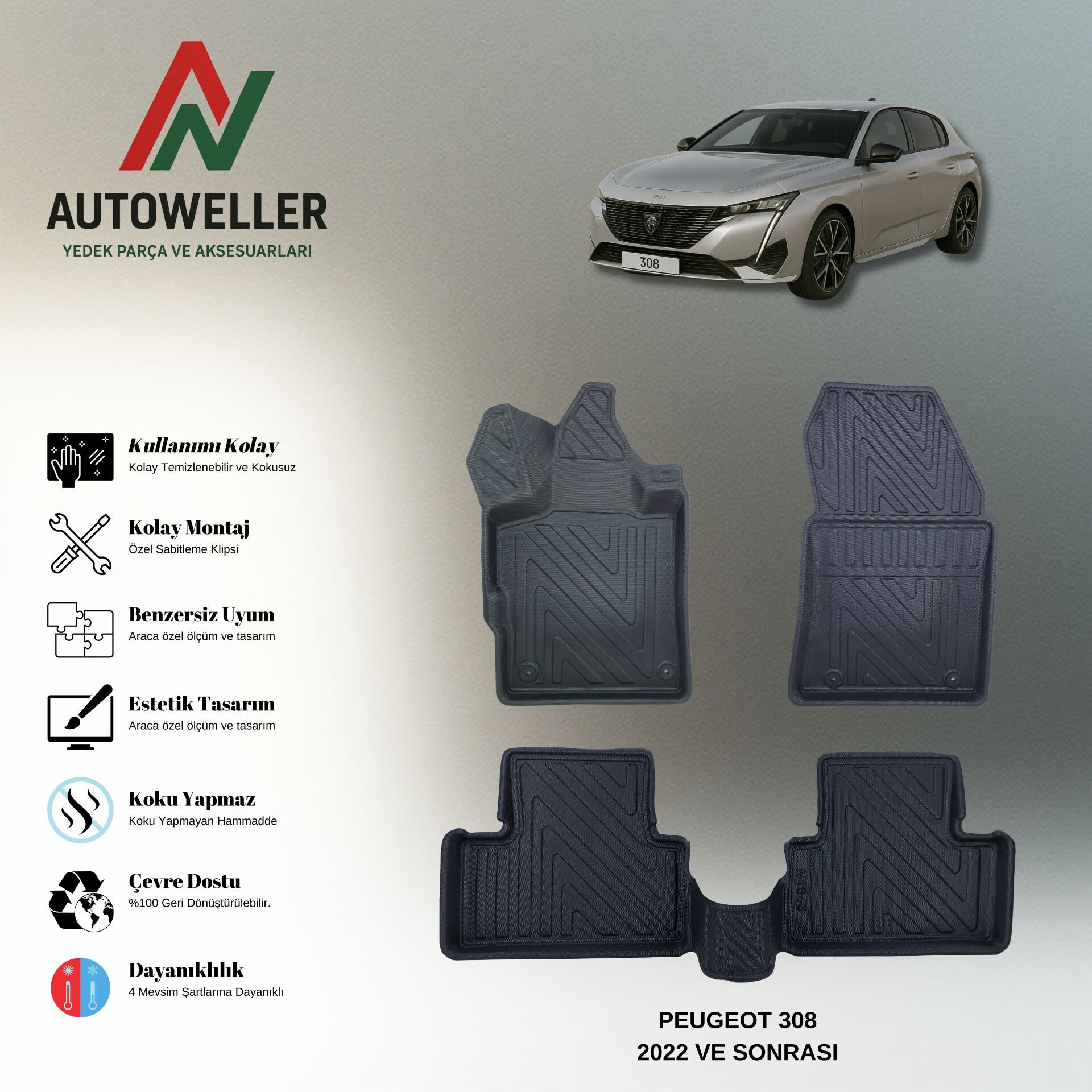 Peugeot 308 2022 Sonrası Havuzlu Paspas