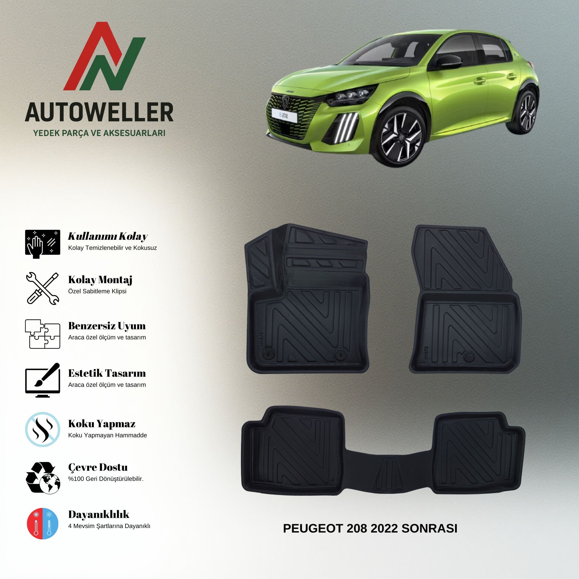 Peugeot 208 Elektrikli 2022 Sonrası Havuzlu Paspas