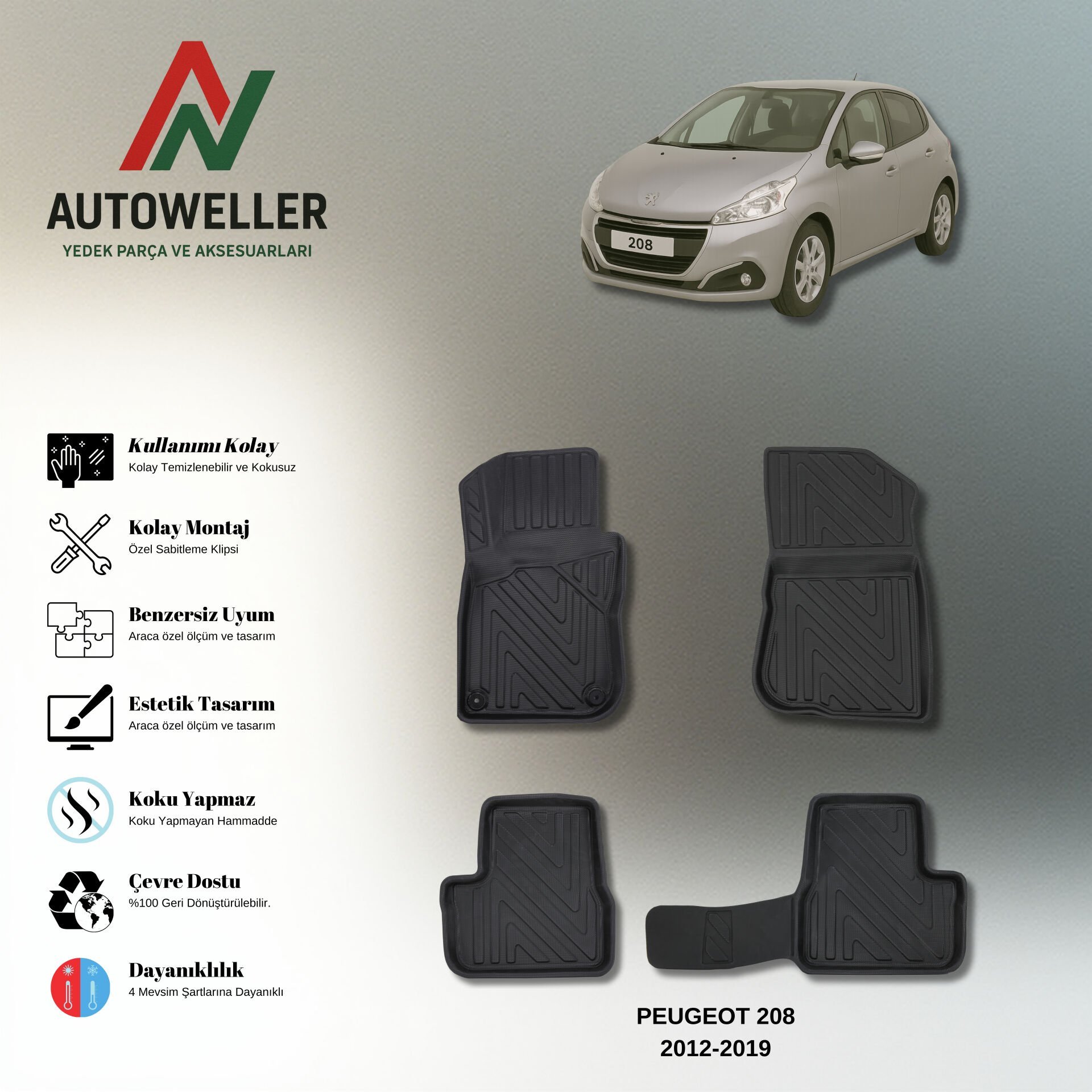 Peugeot 208 2012-2019 Havuzlu Paspas