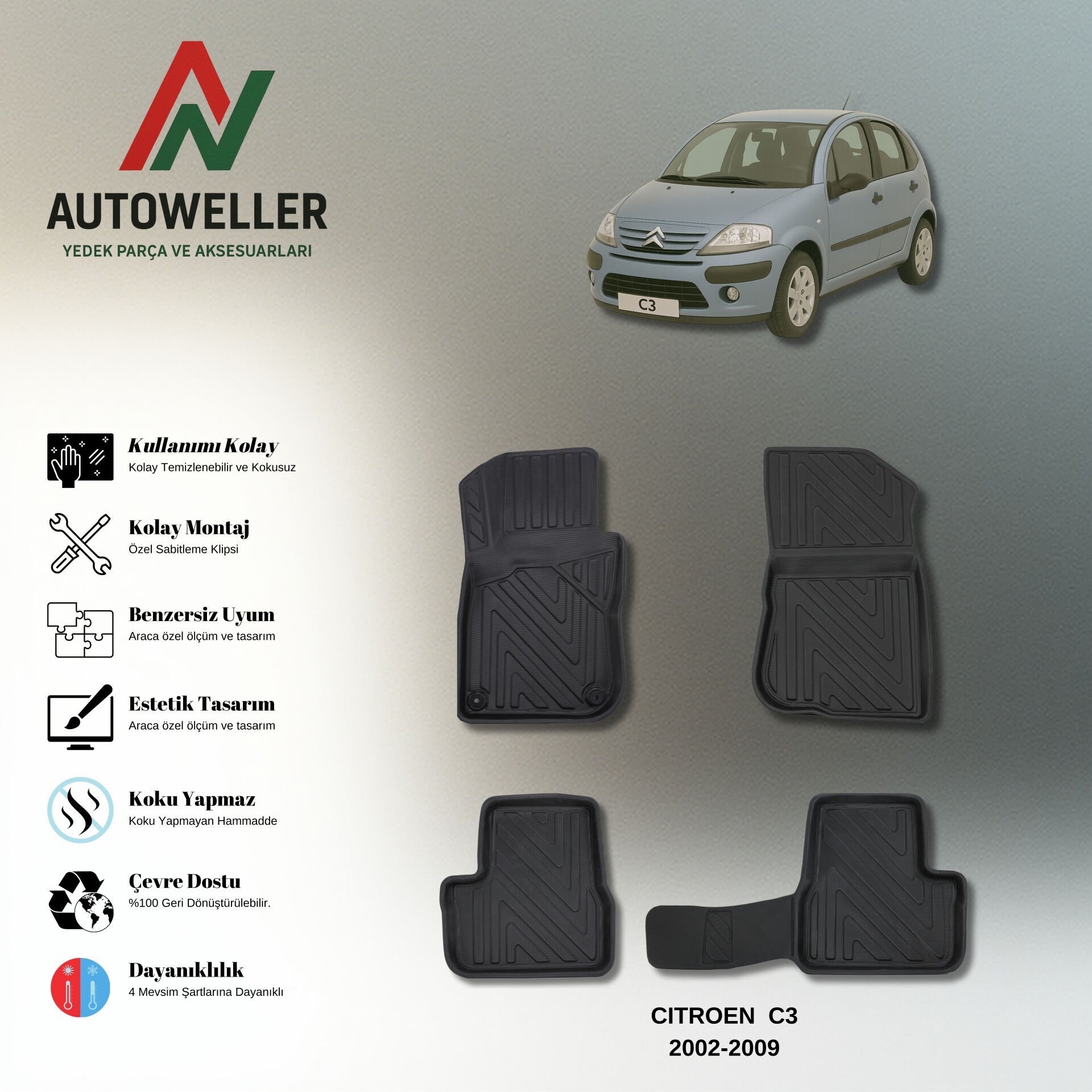 Citröen C3 2002-2009 Havuzlu Paspas