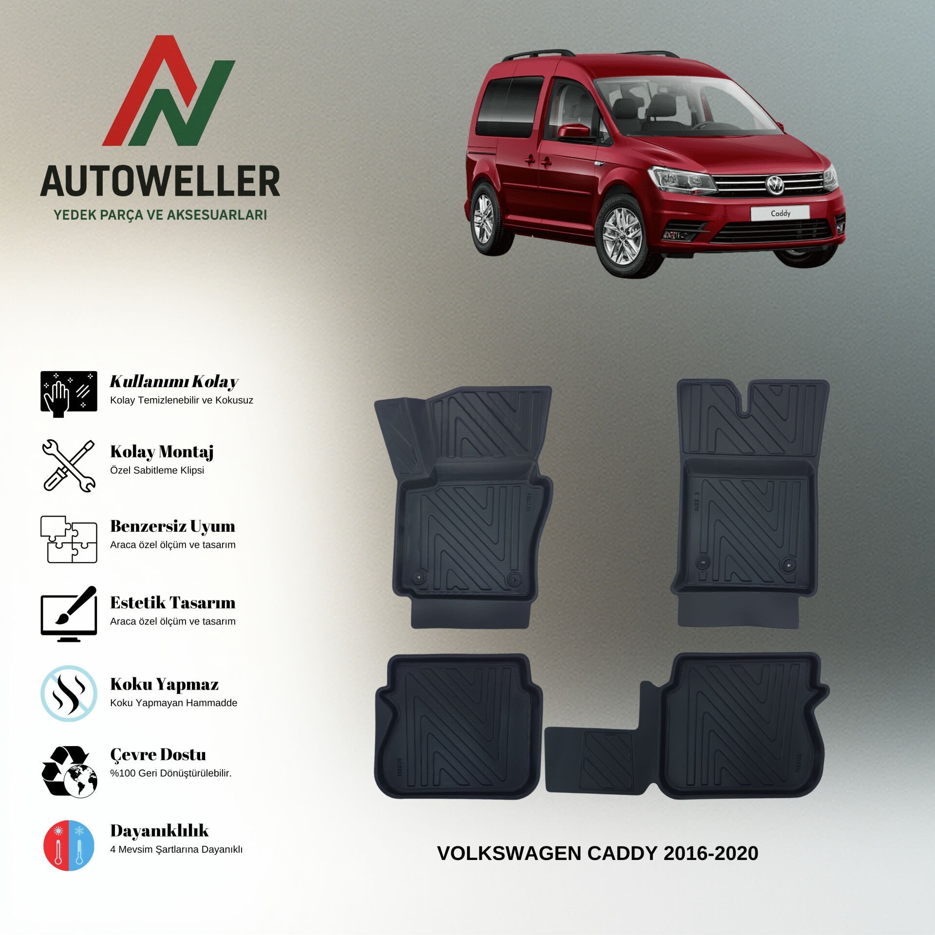 Volkswagen Caddy 2016-2020 Havuzlu Paspas