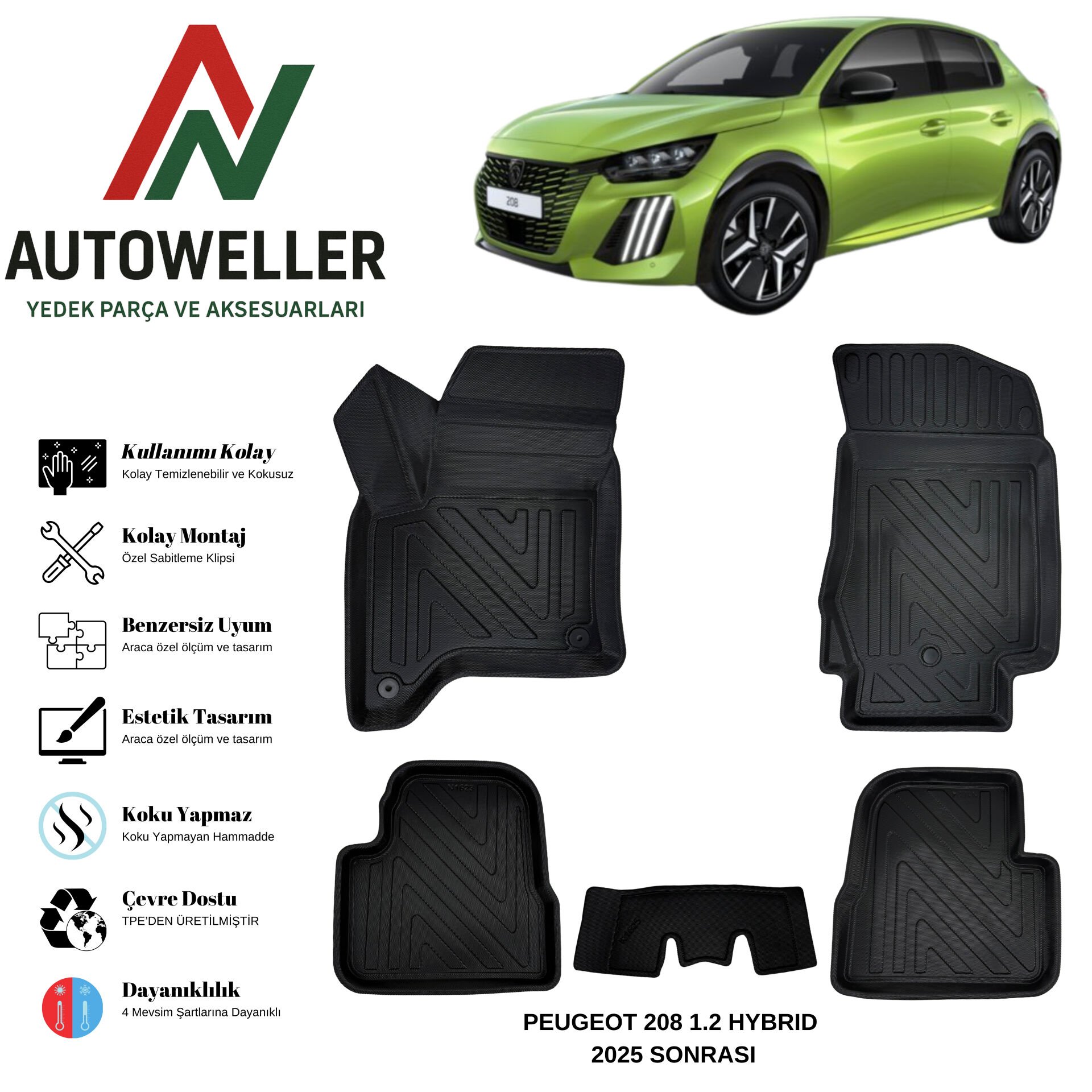 Peugeot 208 2025 Sonrası Havuzlu Oto Paspas | 1.2 Hybrid