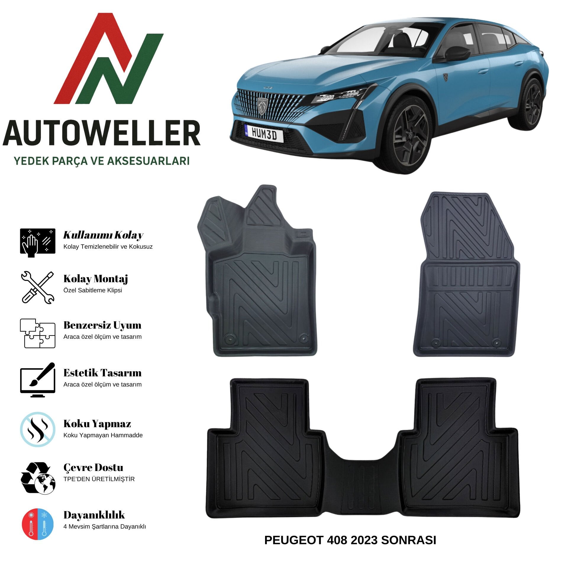 Peugeot 408 2023 Sonrası Havuzlu Oto Paspas