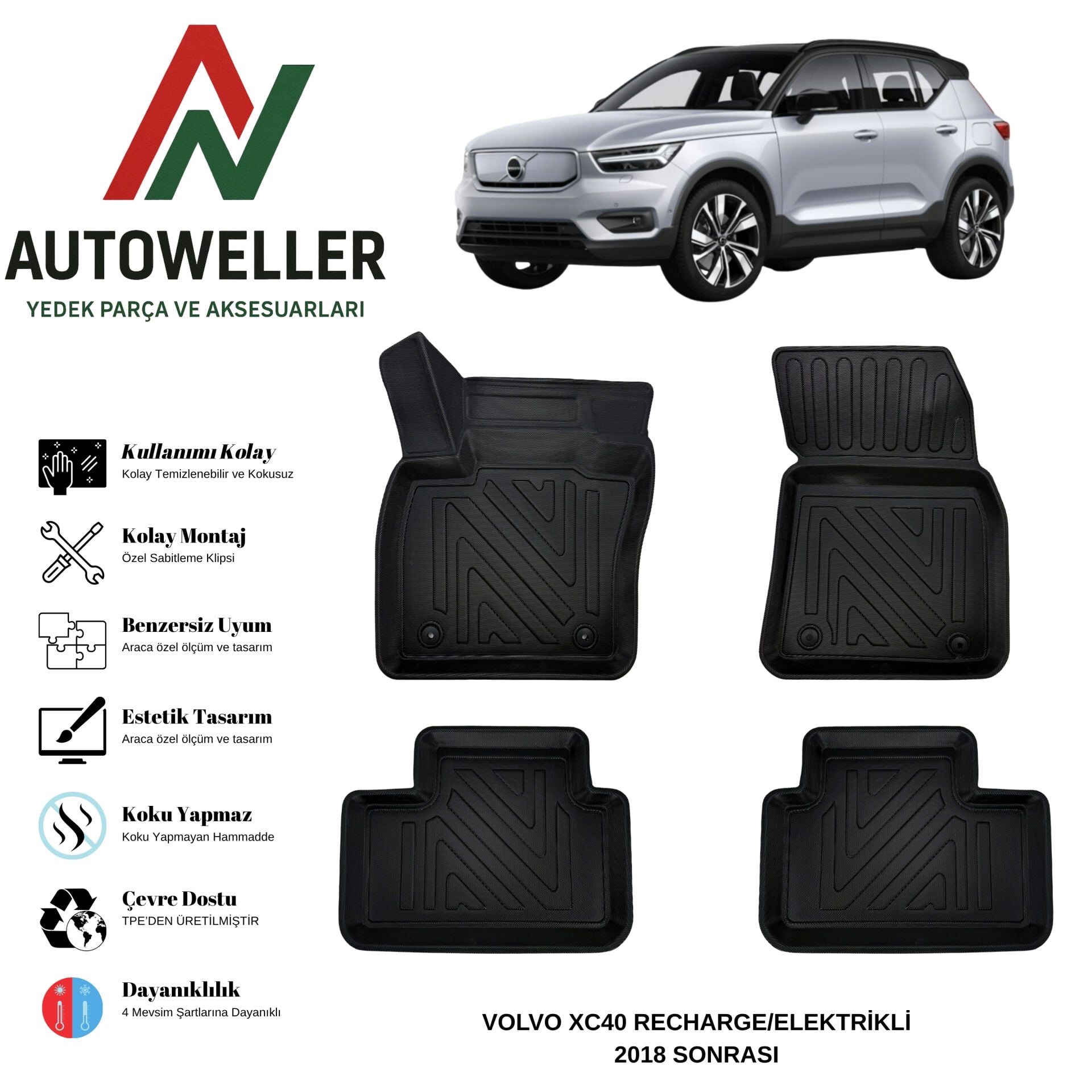 Volvo XC40 2018 Sonrası Havuzlu Oto Paspas | Recharge/Elektrikli