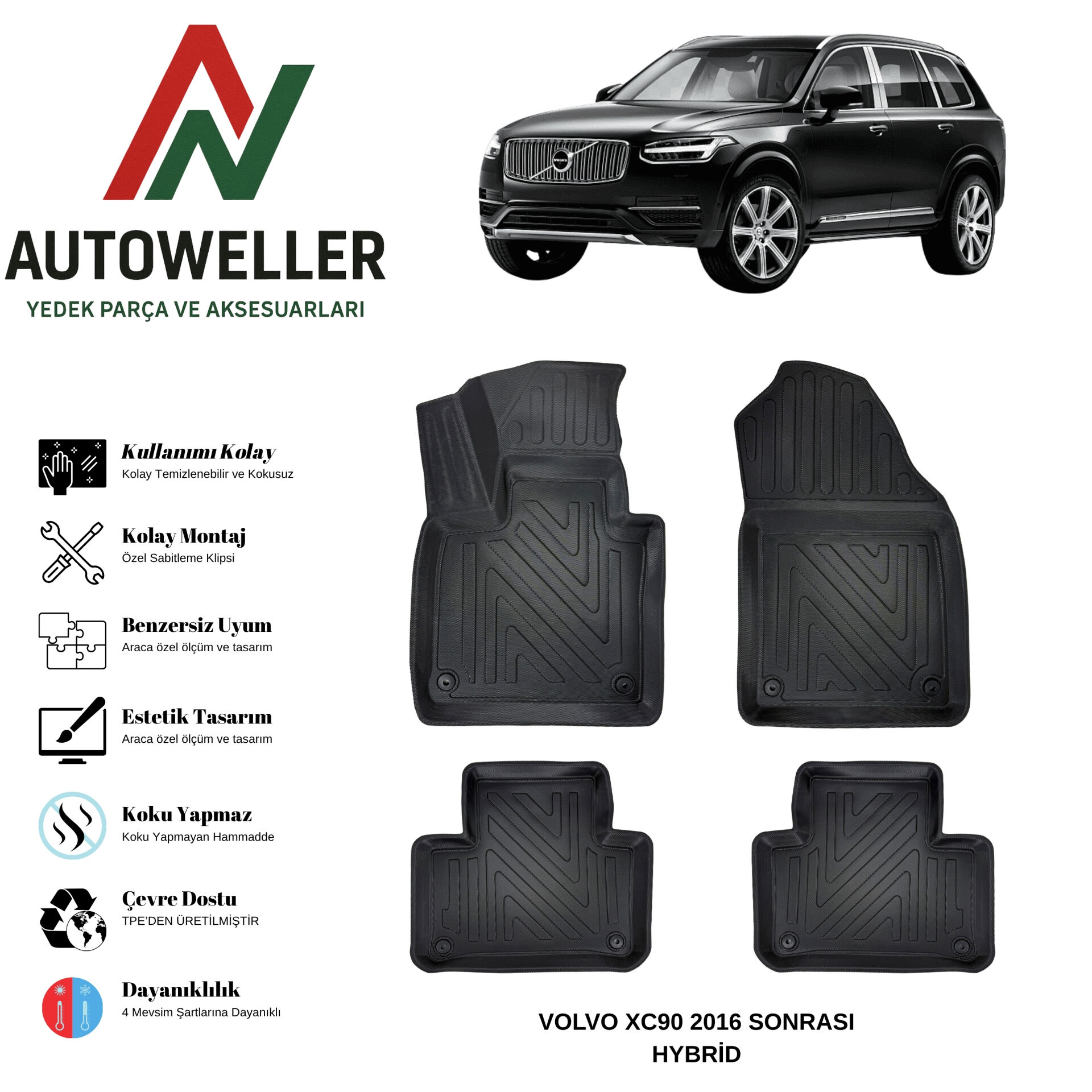 Volvo XC90 2016 Sonrası Havuzlu Oto Paspas | Hybrid