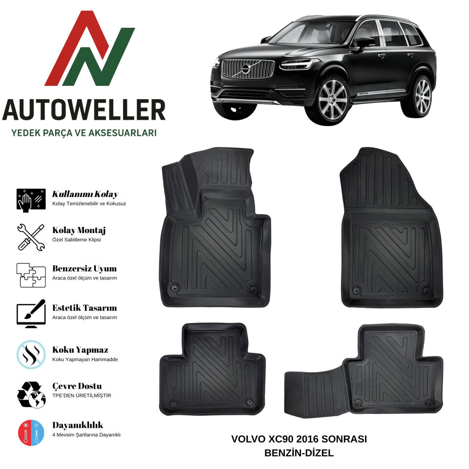 Volvo XC90 2016 Sonrası Havuzlu Oto Paspas | Benzin & Dizel