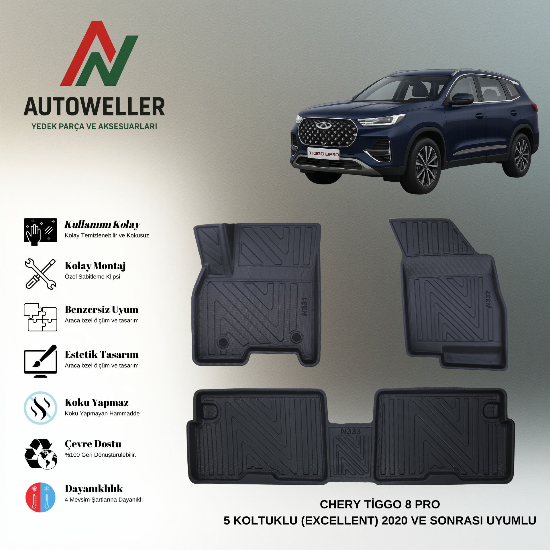 Chery Tiggo 8 Pro 2020 Sonrası 5 Koltuklu Havuzlu Paspas | Excellent-Intelligent Paket